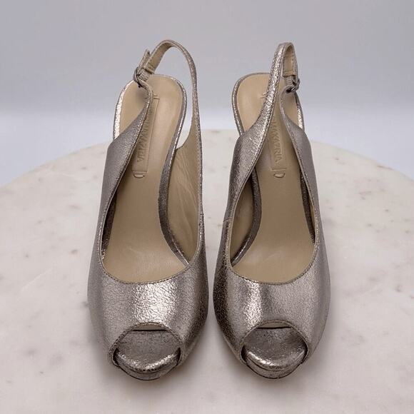 BCBGMaxAzria BCBG LibbyMet Pewter Metallic Peep Toe Heels Pumps  Shoes Size 7.5 - Picture 6 of 13